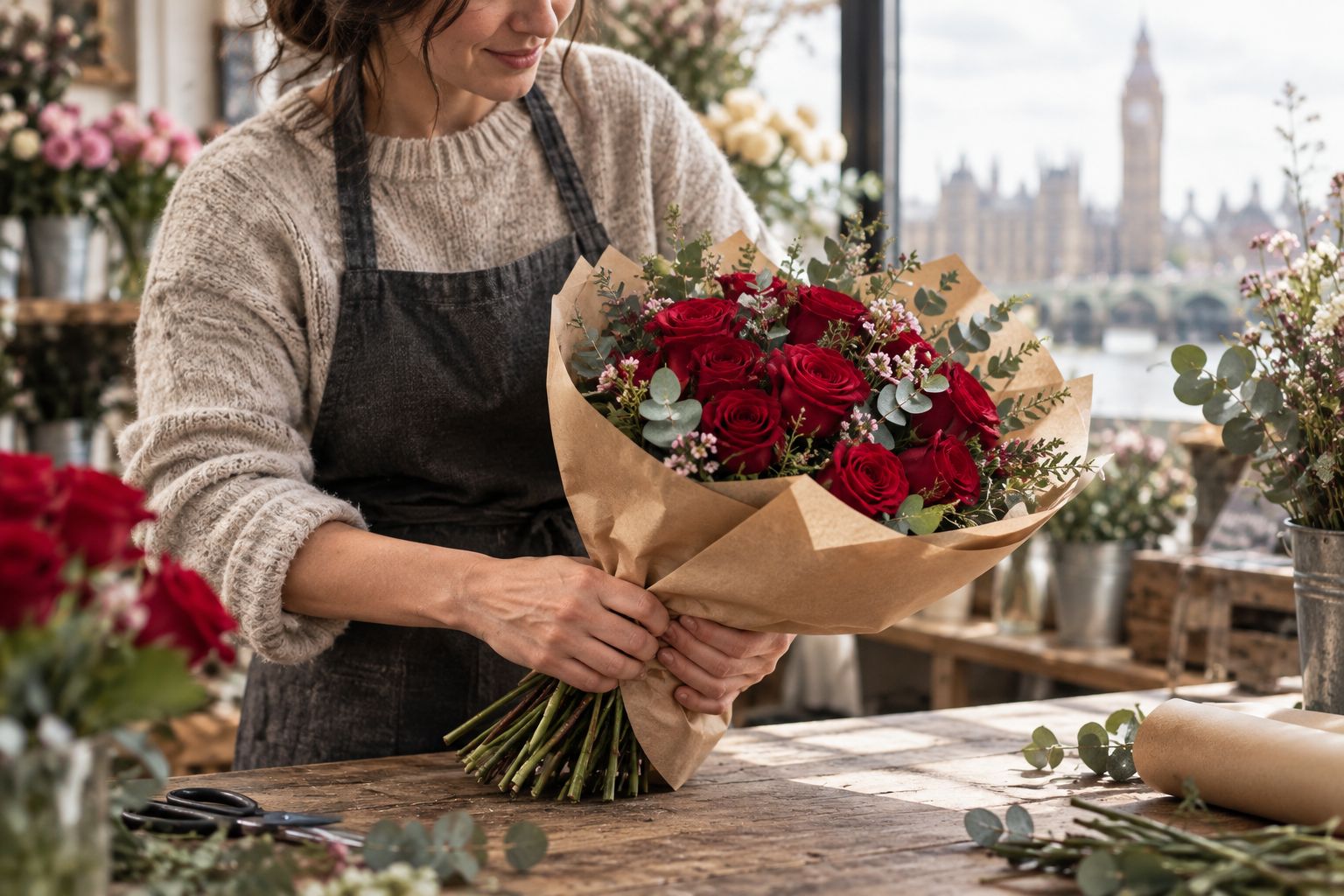 Florist hand-tying red roses into a bouquet for Valentine's Day