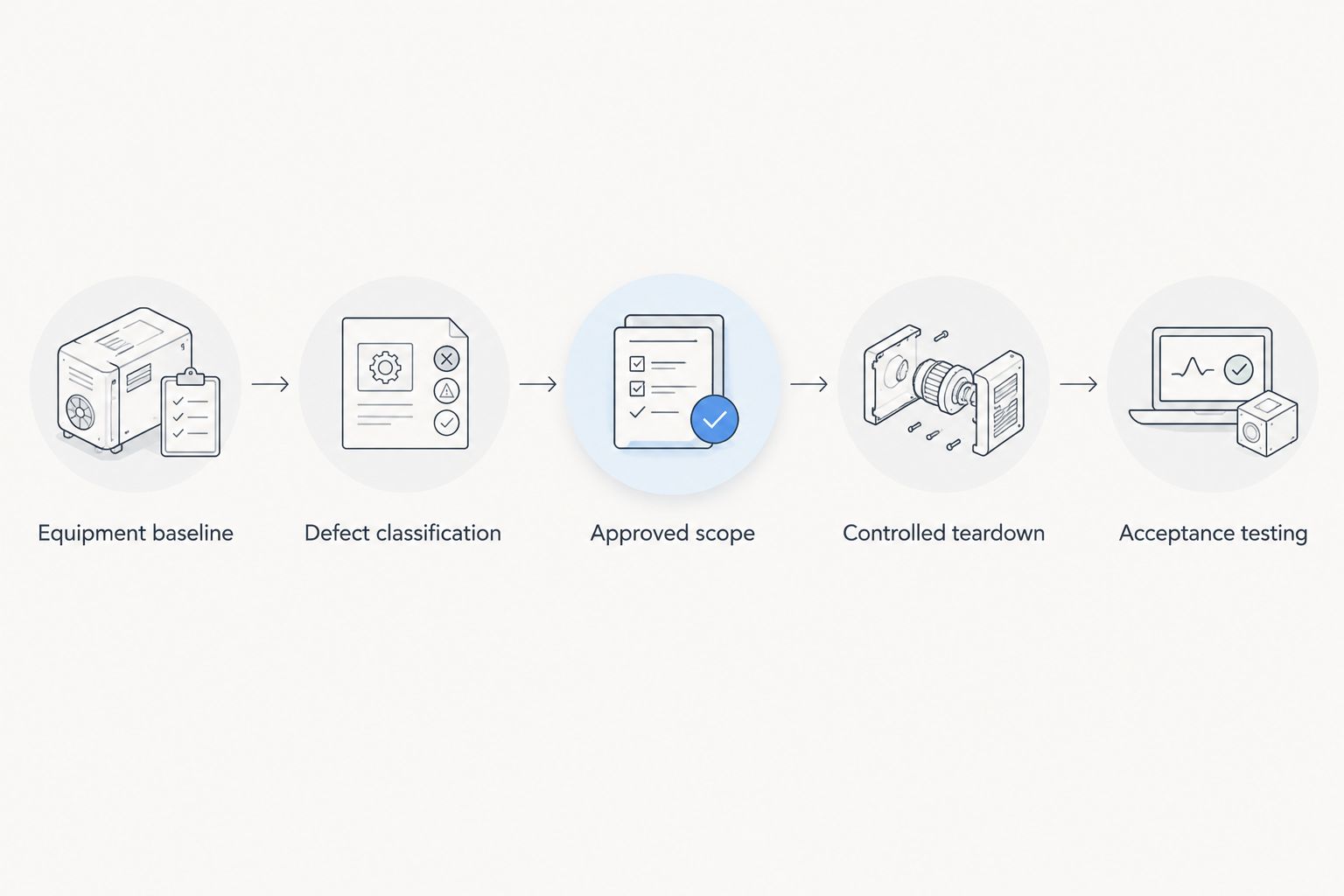 Workflow from equipment baseline through scope approval, teardown, and acceptance testing