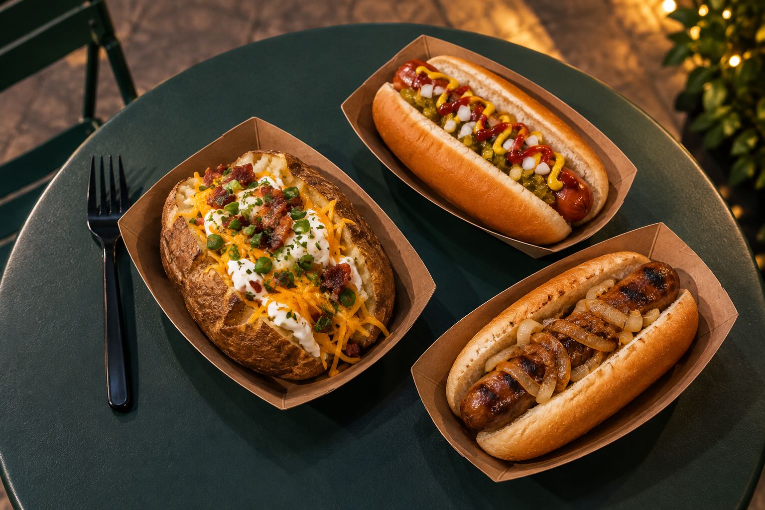 Loaded baked potato with a fork beside a hot dog and a sausage in buns