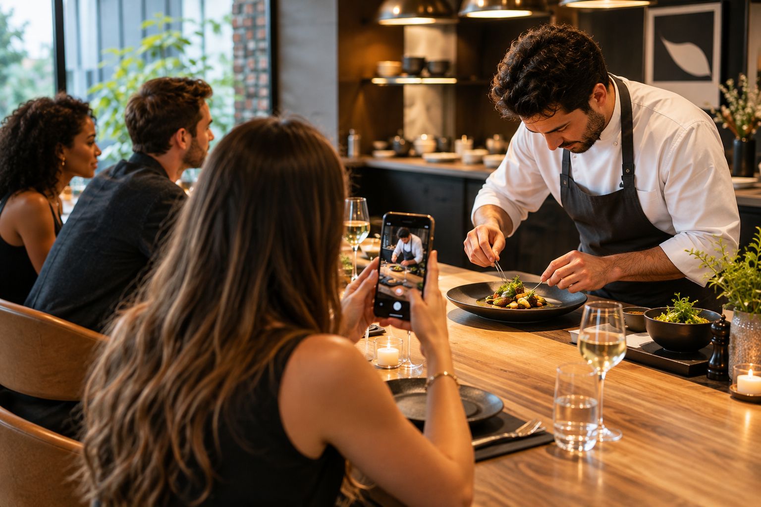 Creator filming a plated dish at a chef's table counter during service
