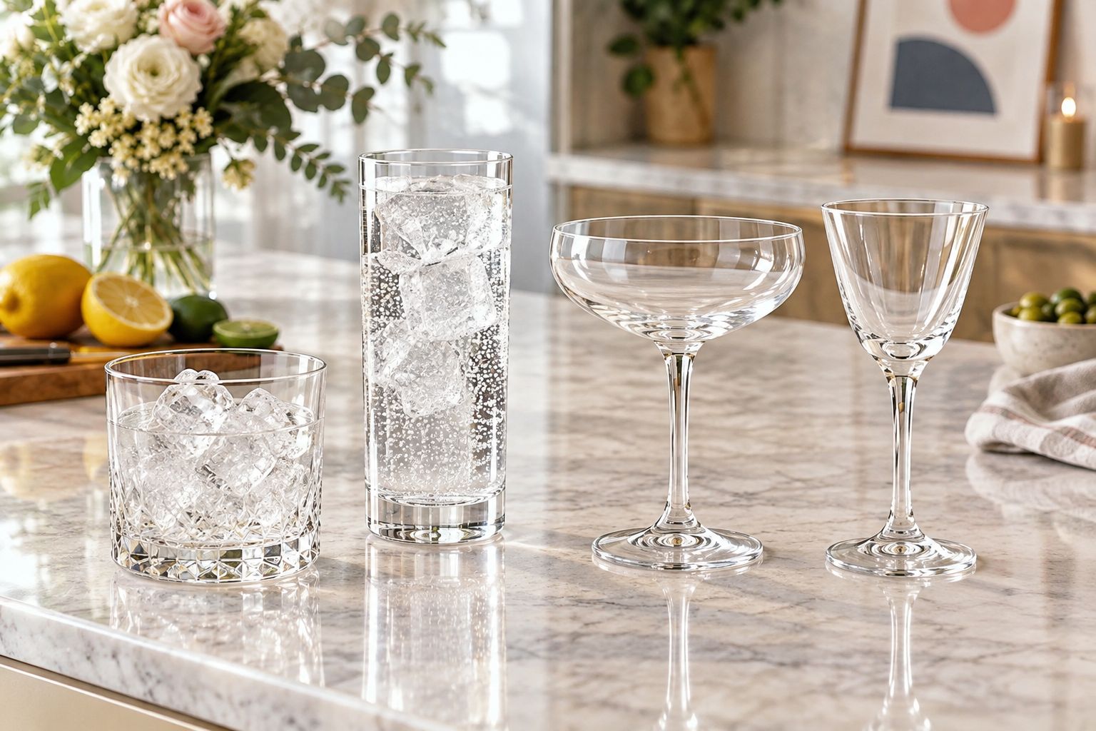 Rocks, highball, coupe, and Nick & Nora glasses showing their different shapes