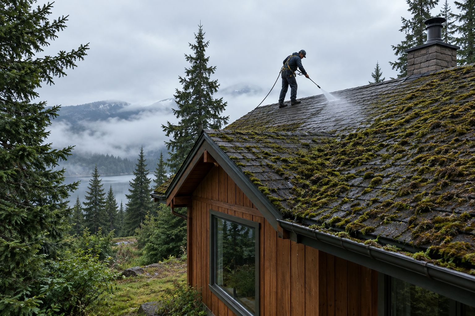 North-facing asphalt shingle roof under spruce cover with moss along the eaves