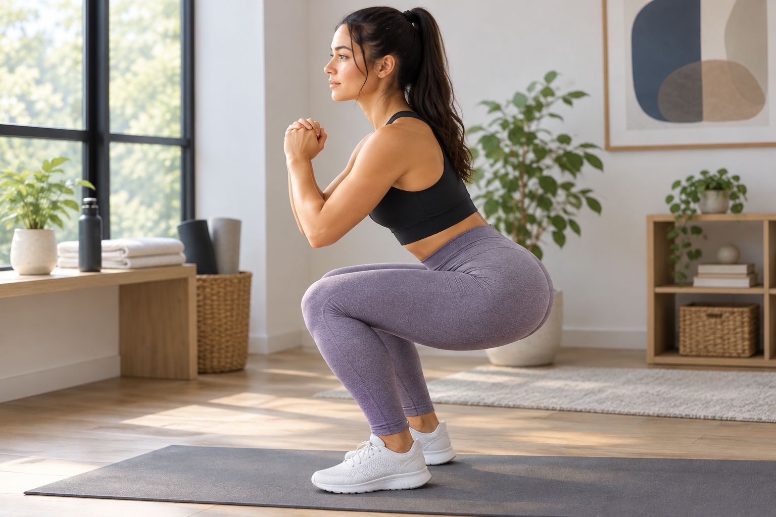 Woman checking leggings fit through a comfortable bodyweight squat