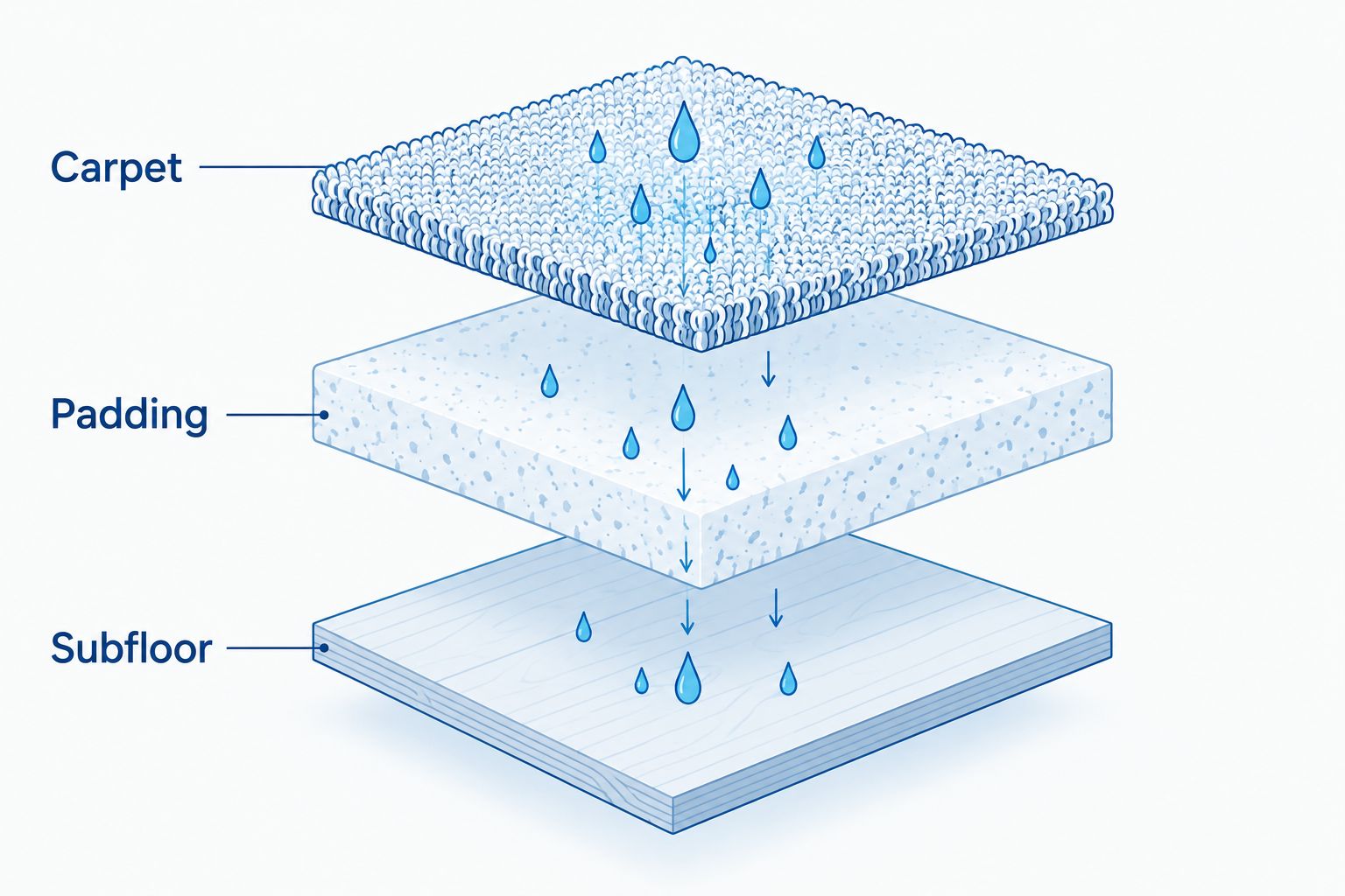 Carpet, padding, and subfloor shown as separate layers that require moisture assessment.