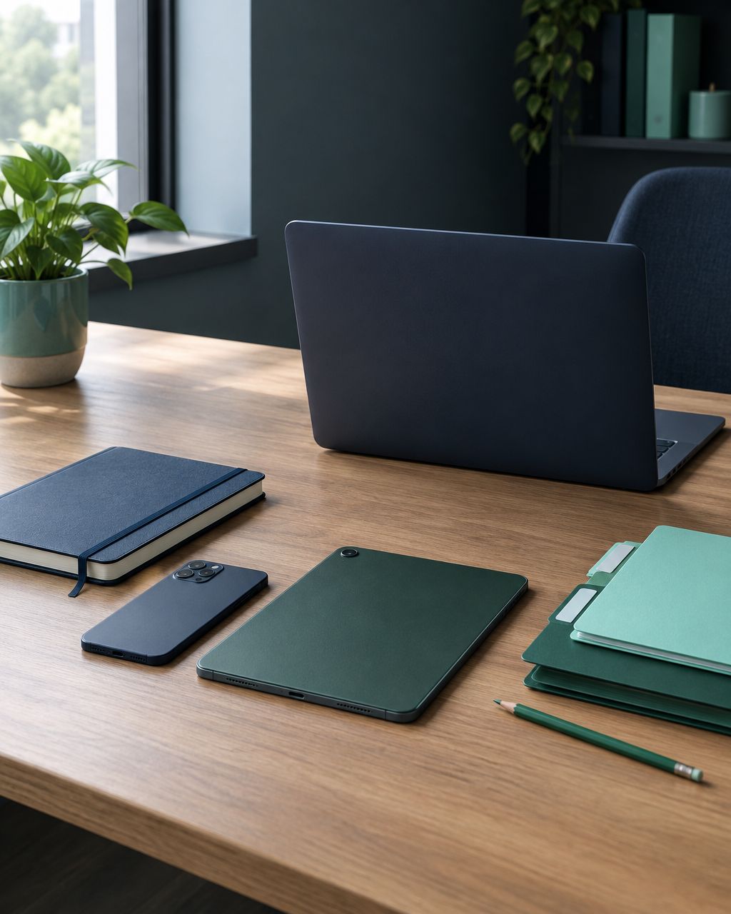 Illustrative organized application-review workspace with laptop, phone, tablet and folders; not a SCOUTz product screenshot