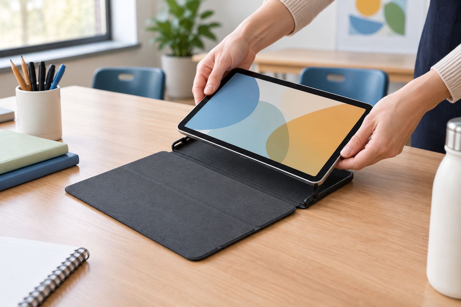 Handen plaatsen een tablet in een hoes en controleren de aansluiting.