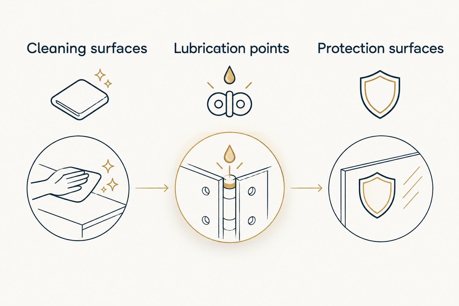 Three maintenance zones: cleaning surfaces, lubrication points, and protection surfaces.
