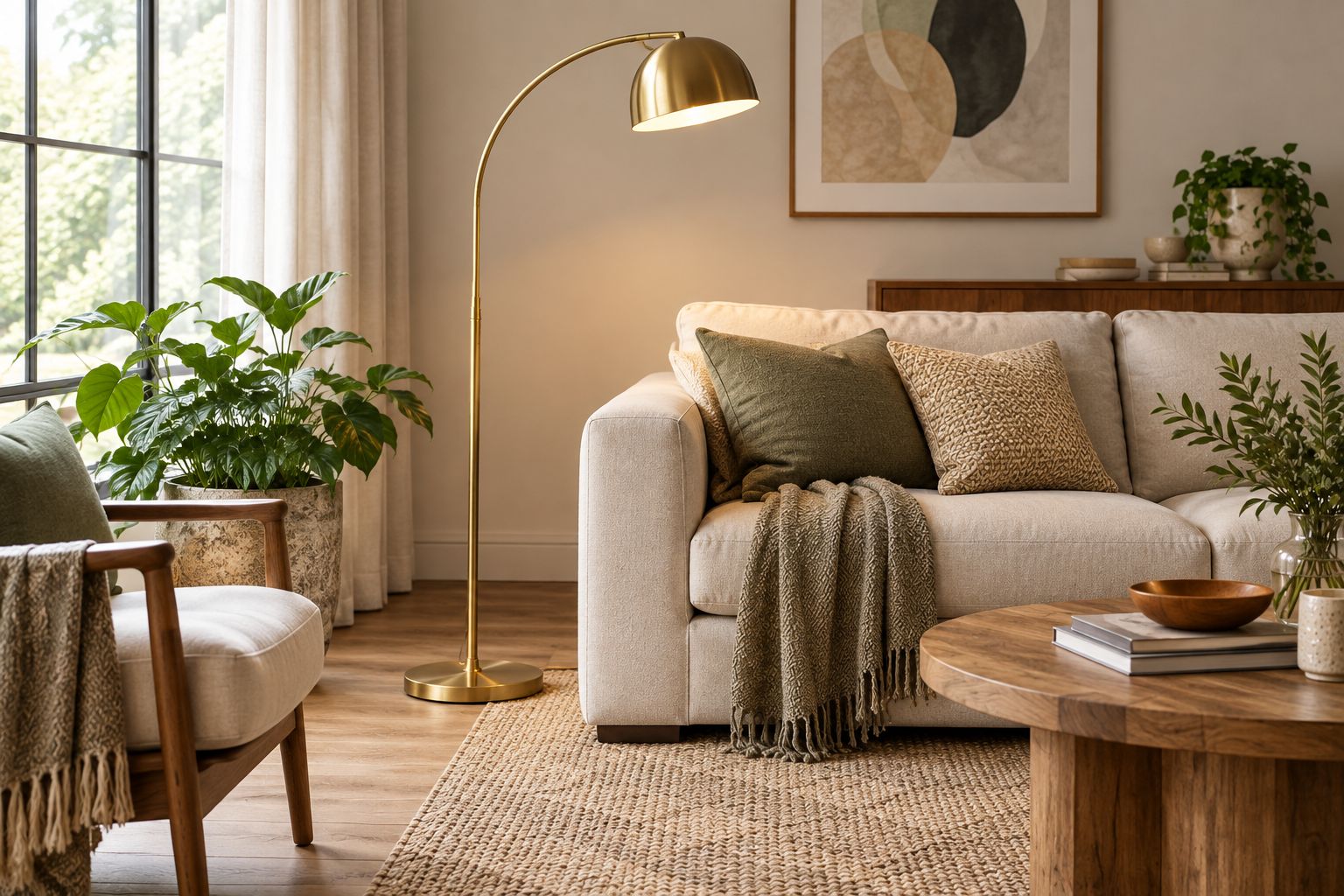 Arc-style floor lamp beside a sofa, showing shade reach and base placement