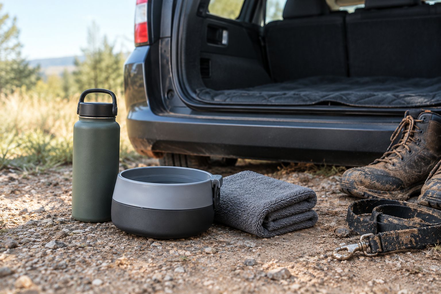 A closed water bottle, empty dog bowl, and towel kept apart from muddy walking gear.