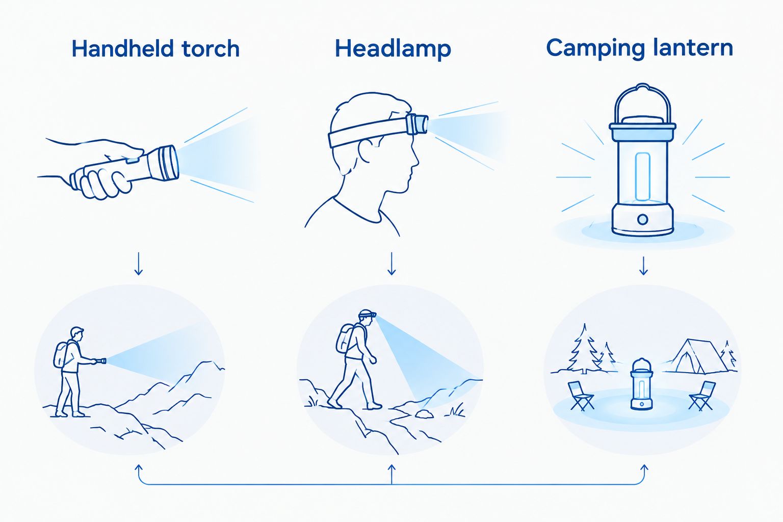 Handheld torch, headlamp and camping lantern compared by how they direct light