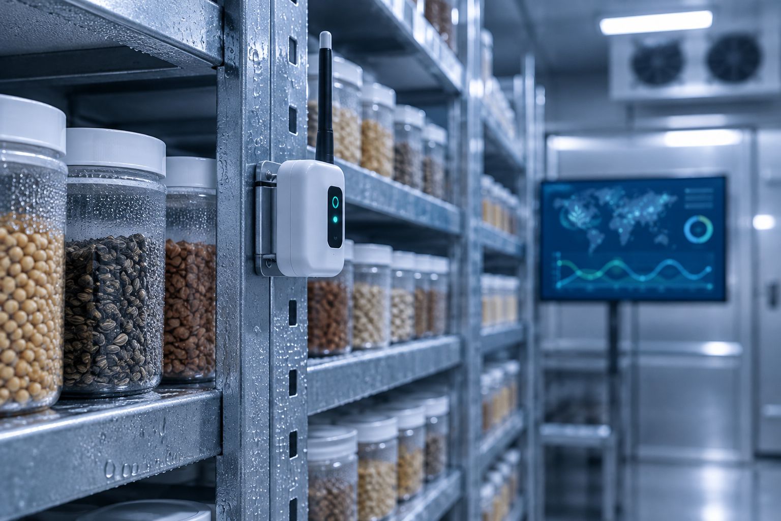 Wireless sensor mounted on a shelving rack inside a cold seed storage vault