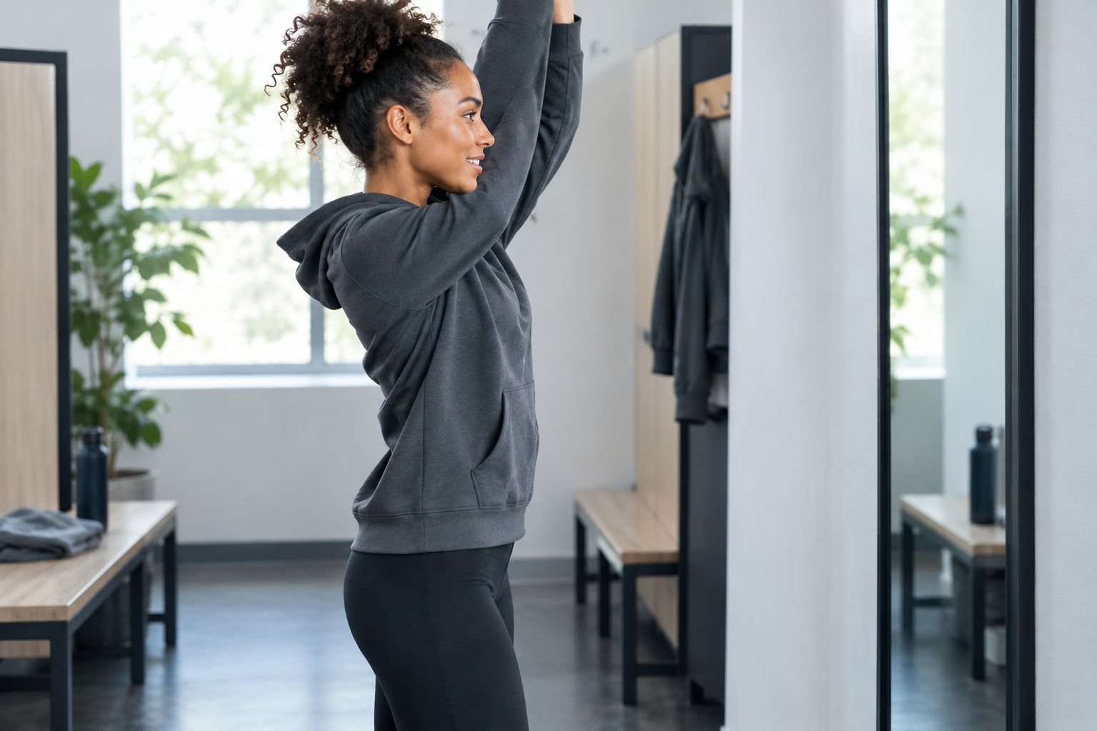 Athlete raising their arms to check a hoodie's shoulder fit and hem movement