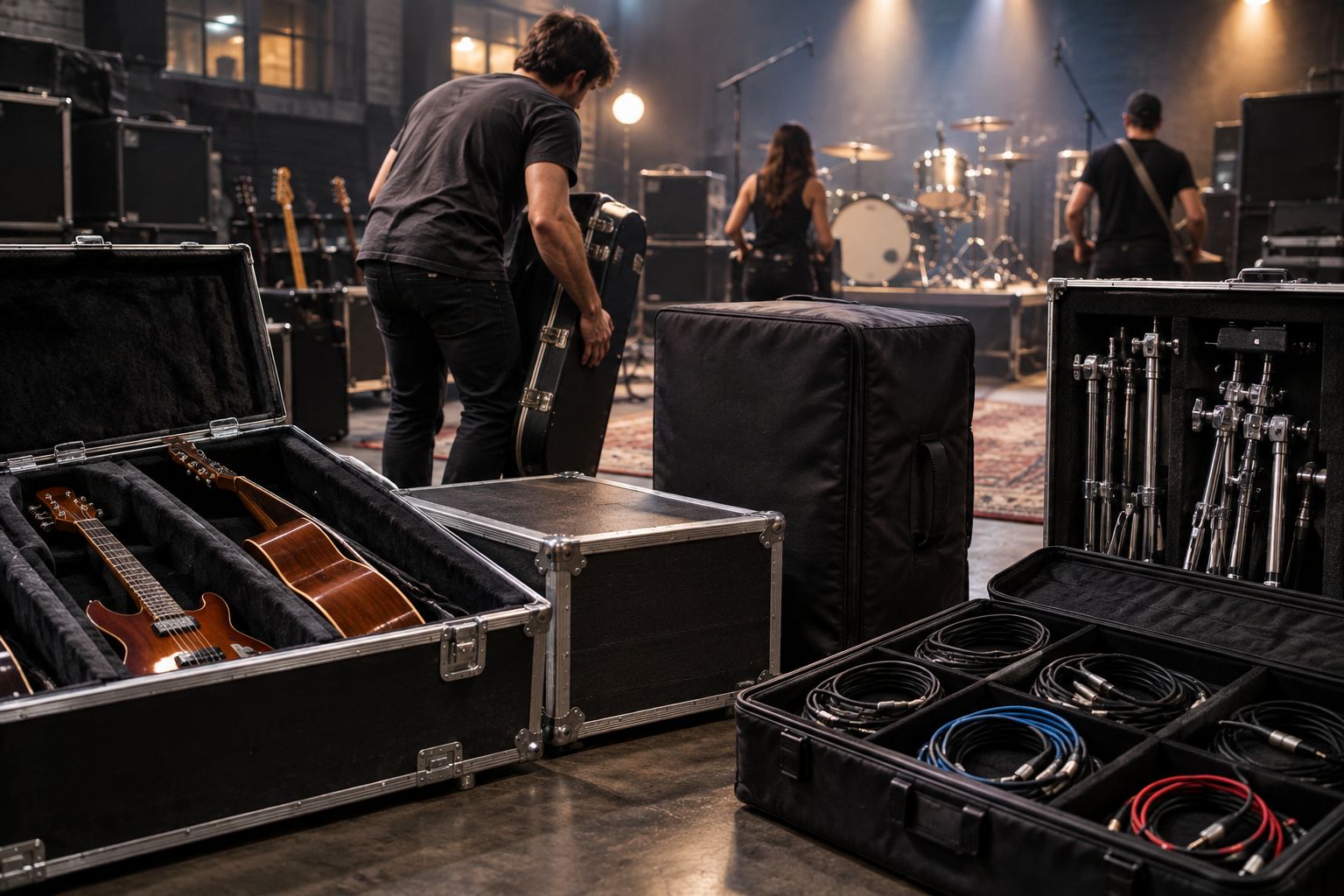 Instrument cases and compartmented cables packed separately from drum hardware