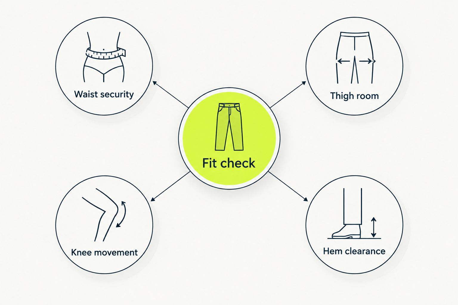Four fit checks covering the waist, thighs, knees, and hem.