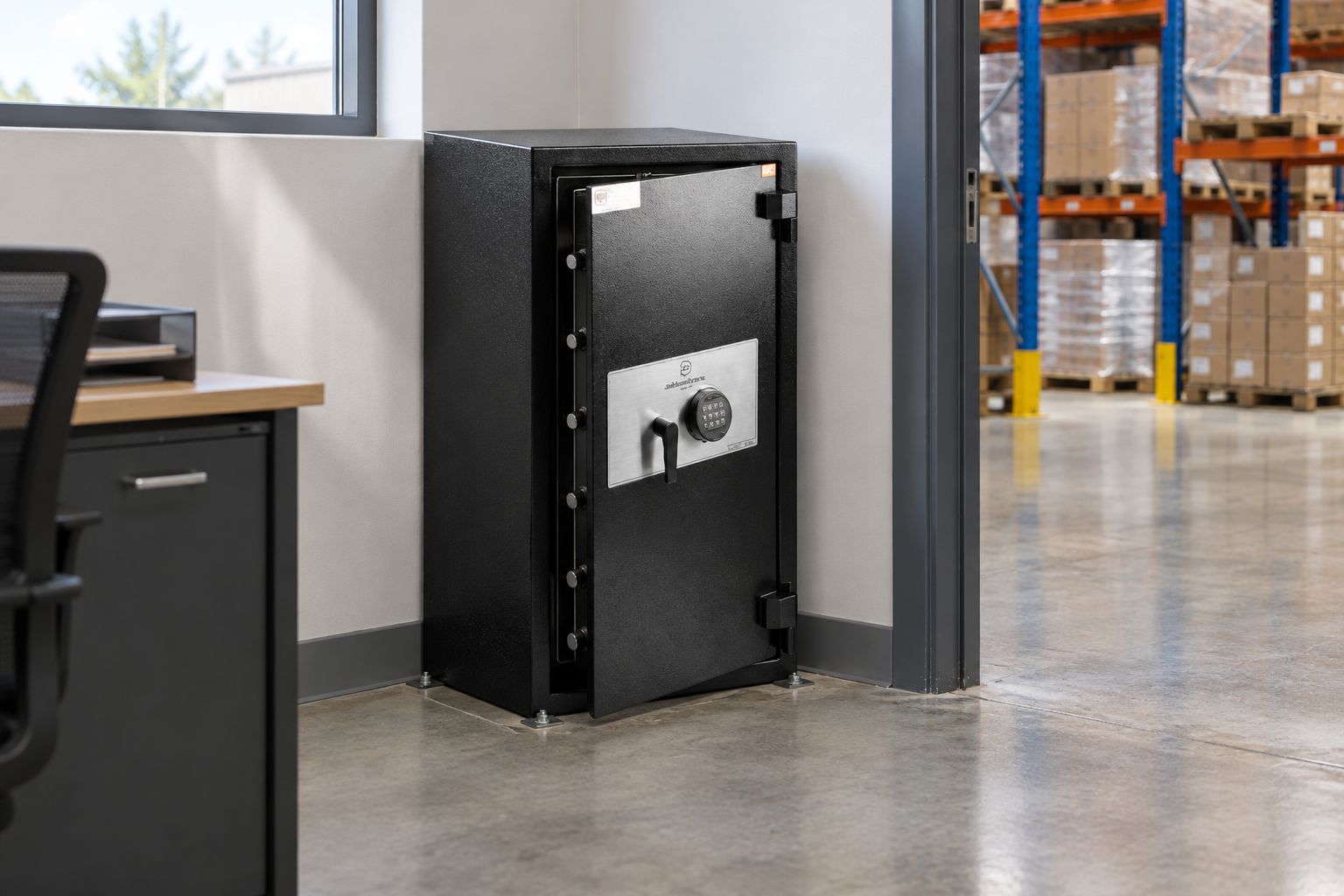 Commercial safe bolted to a concrete floor in a warehouse office corner