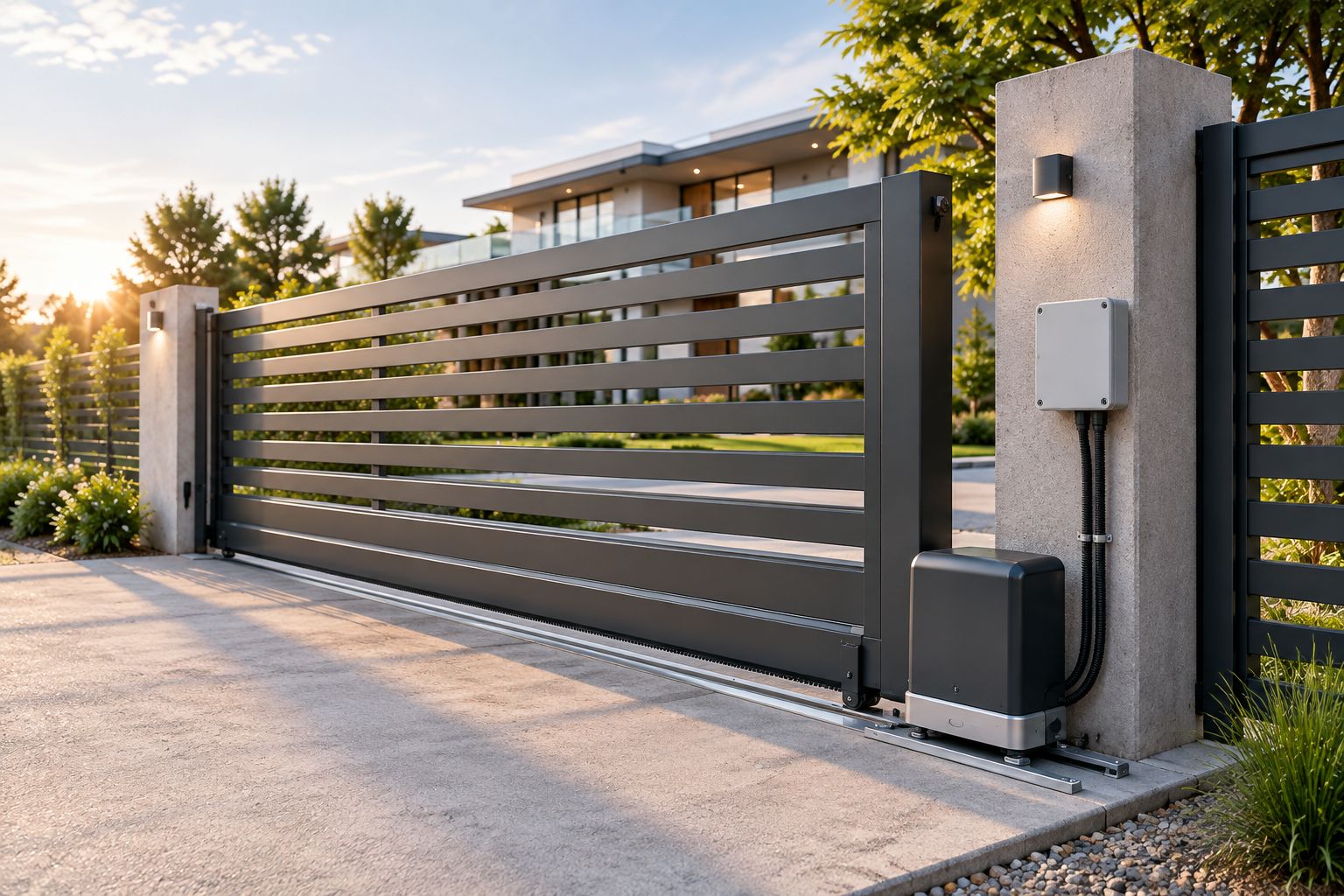 Sliding gate motor mounted on a rail at a compound entrance