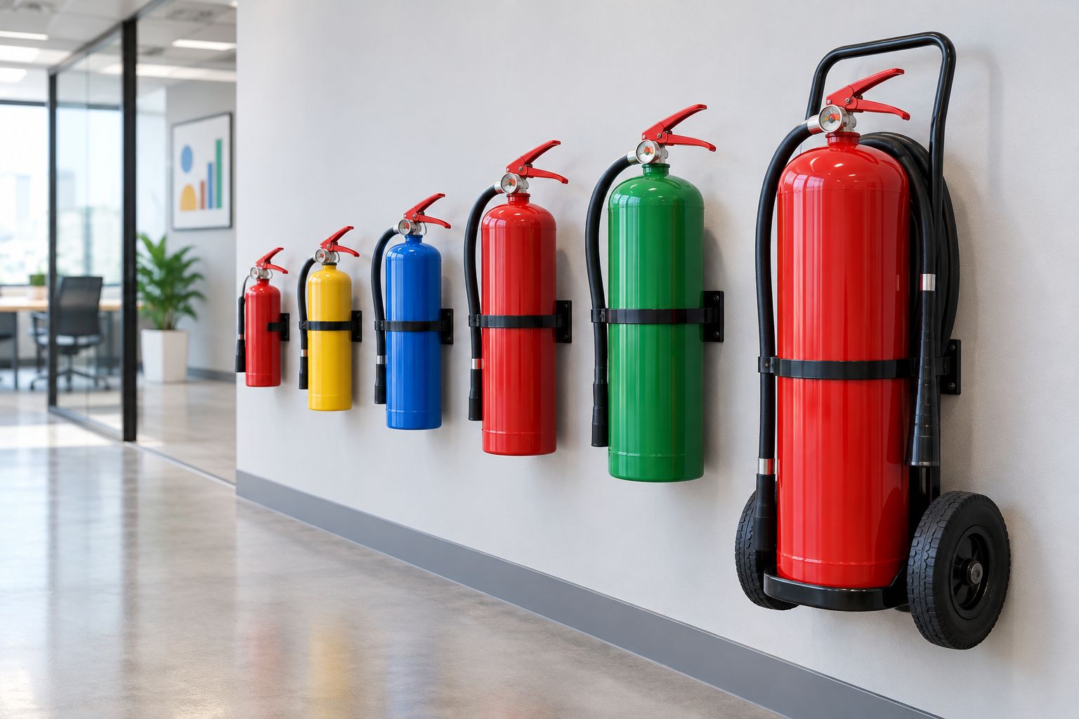 Fire Extinguisher Price in Kenya: Buying Guide 2026 3 Row of fire extinguishers of varying sizes mounted along an office corridor