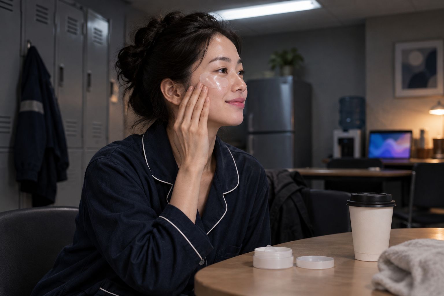 Person applying cooling eye patches during a night shift break