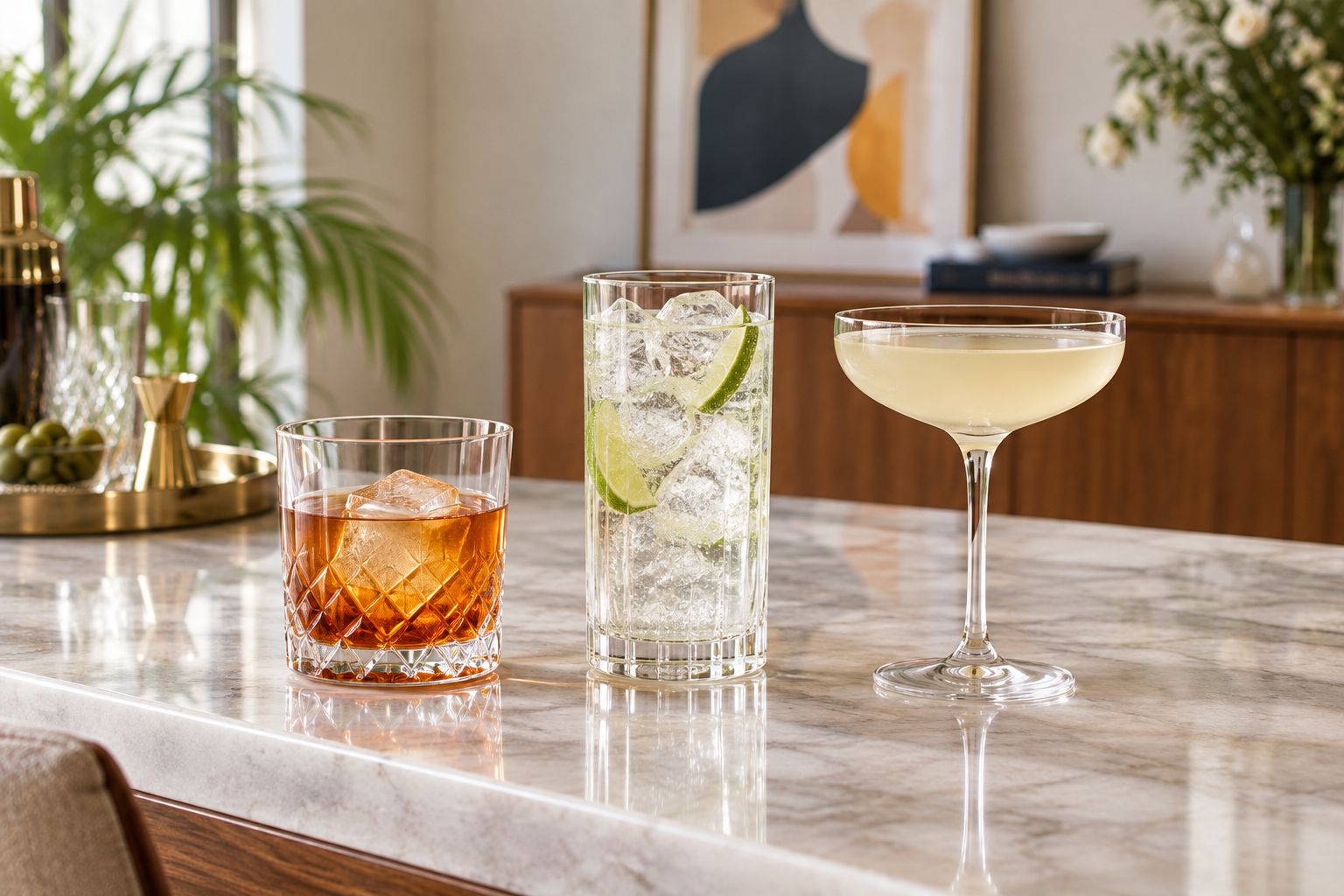 Rocks, highball, and coupe glasses showing different cocktail serving styles