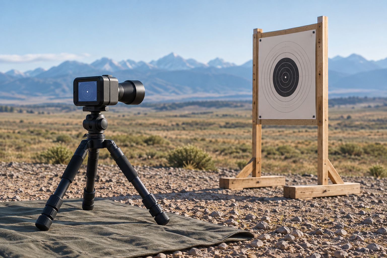 A compact tripod supporting a target camera beside a paper target