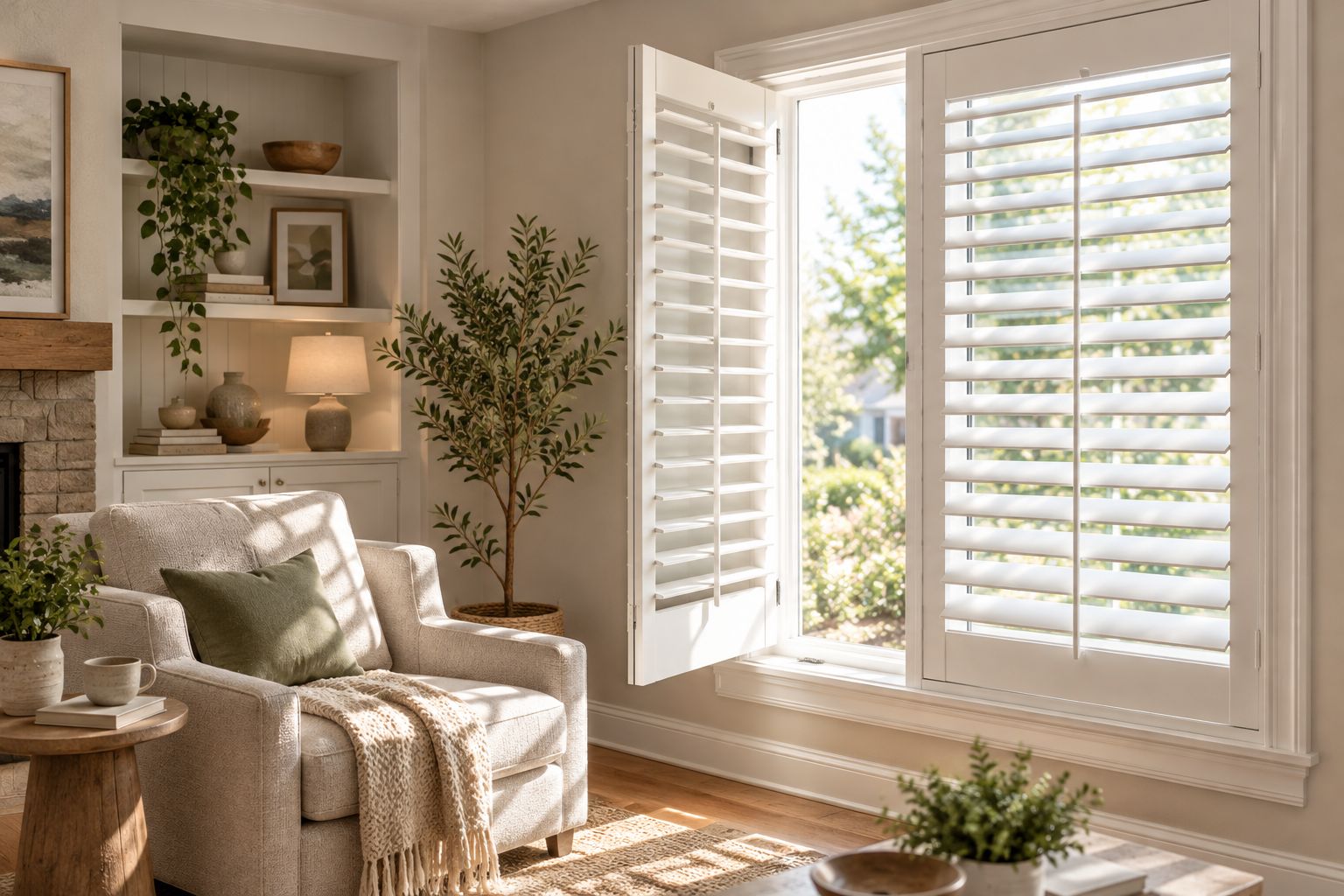 Plantation shutters showing tilted louvers and the clearance needed to swing a panel open