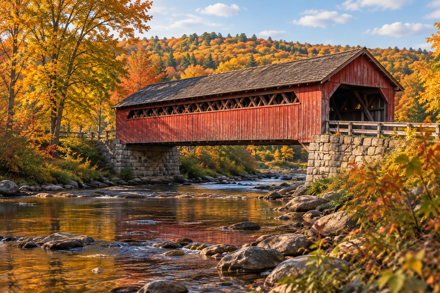 Red wooden covered bridge crossing a creek in autumn