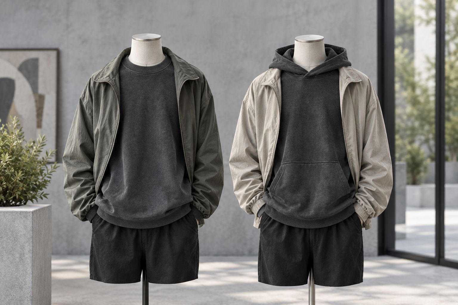 Crewneck and hoodie beneath open jackets, showing the difference in fabric around the neckline