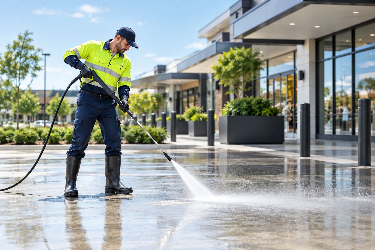 Commercial pressure washing on a concrete forecourt in Brisbane