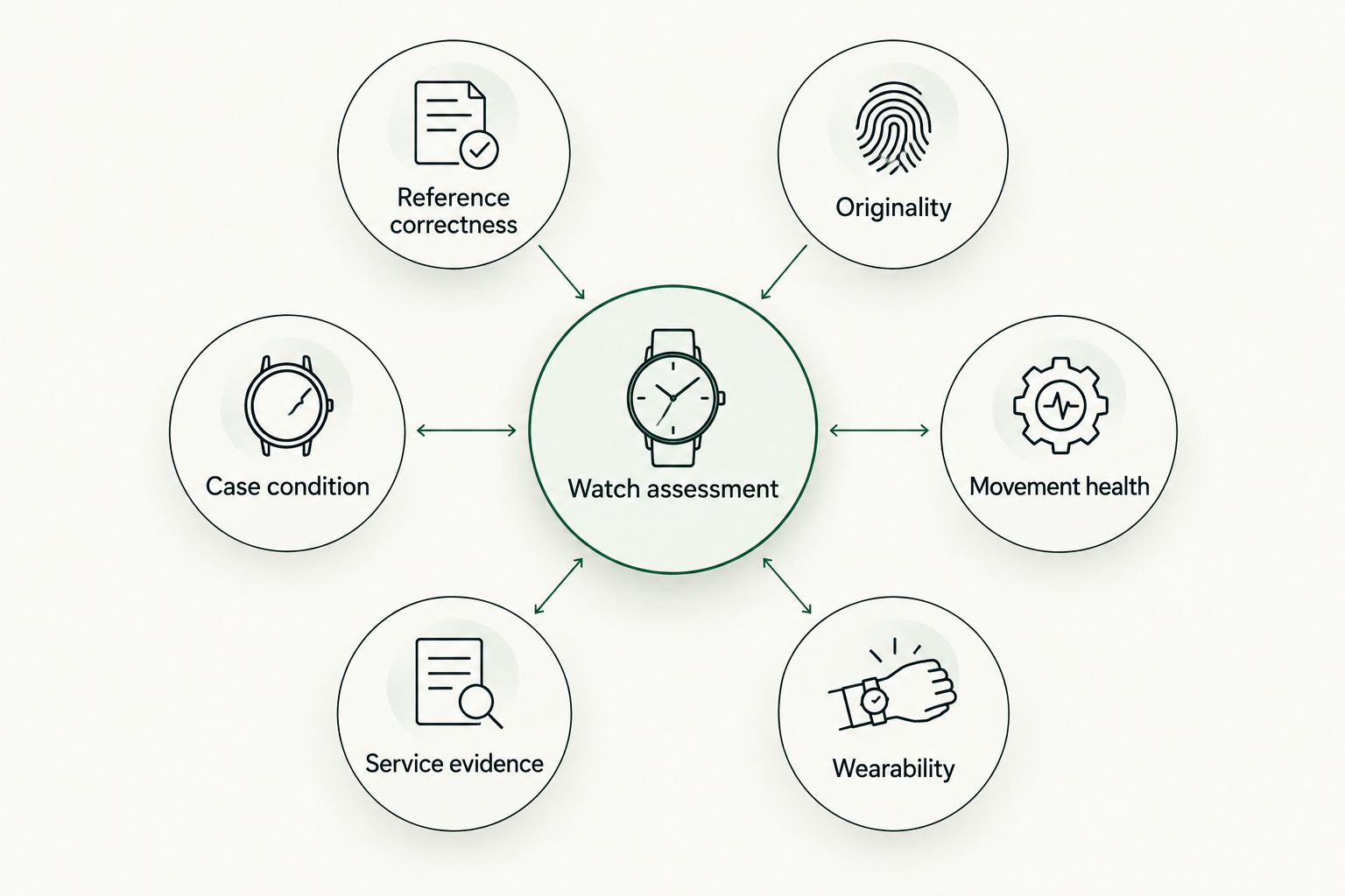 Watch assessment diagram covering reference, originality, case, movement, service evidence and wearability