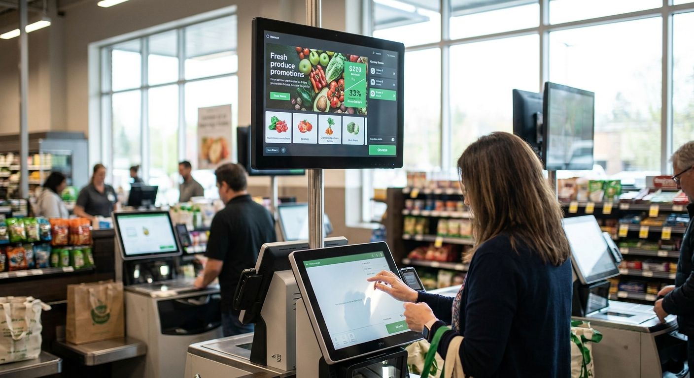 Digital signage software for grocery self-checkout lanes