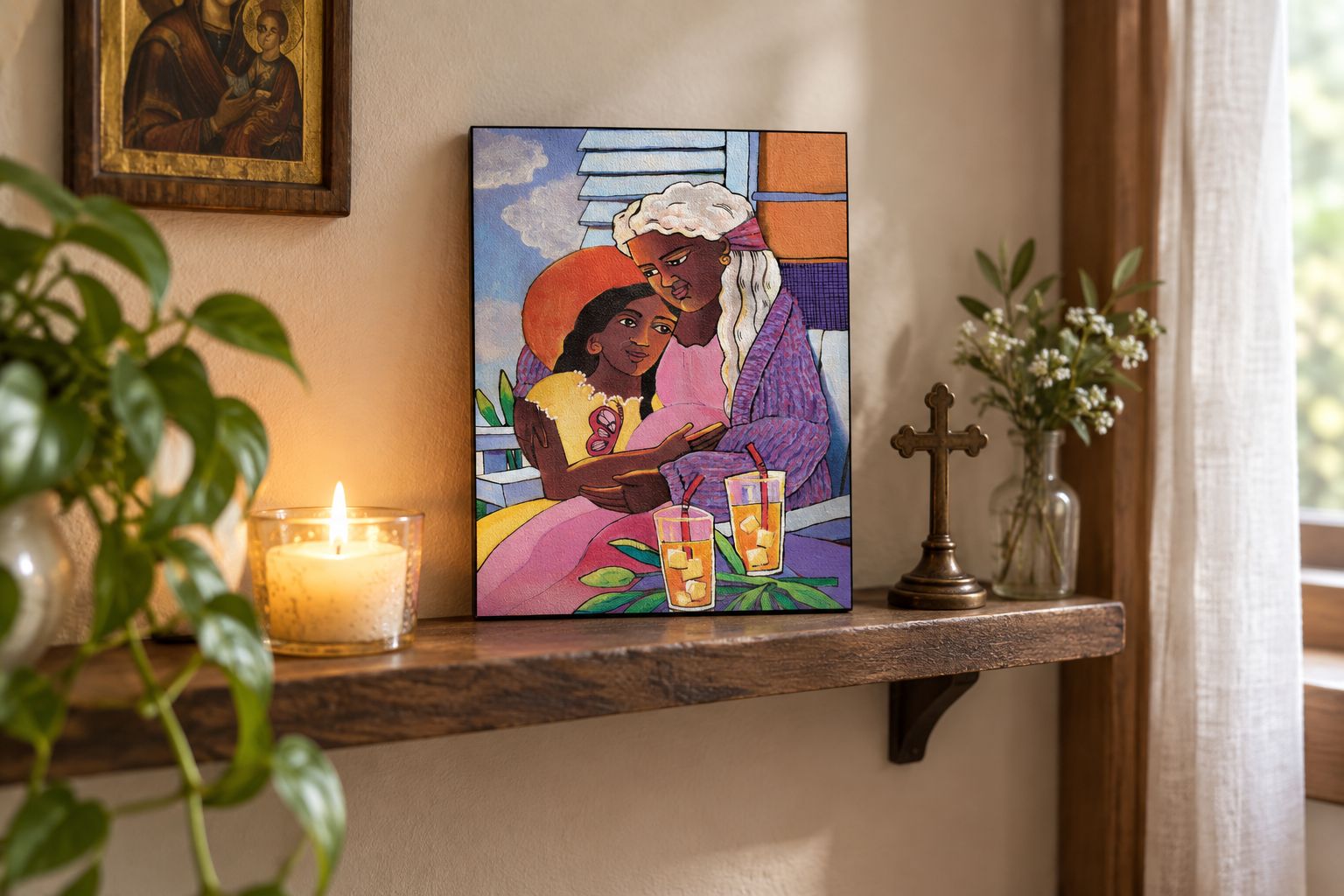Wood-mounted icon plaque displayed on a prayer corner shelf