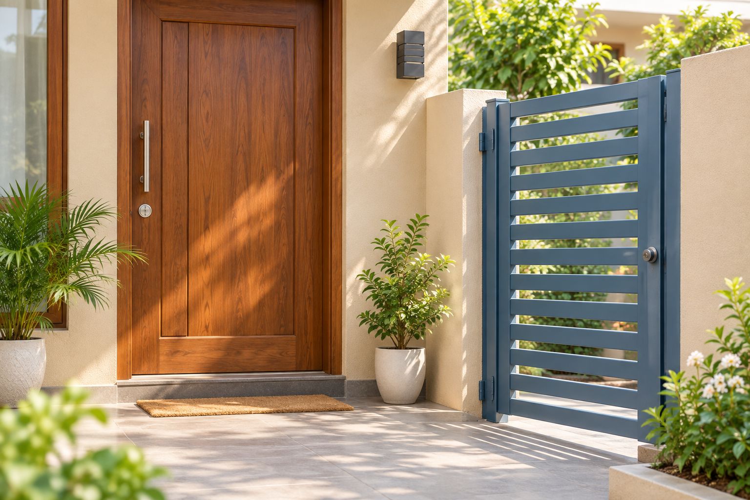Wooden entrance door, painted metal gate and exterior wall at an Indian home