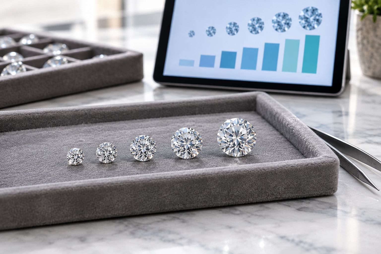 Loose round brilliant diamonds arranged from smaller to larger