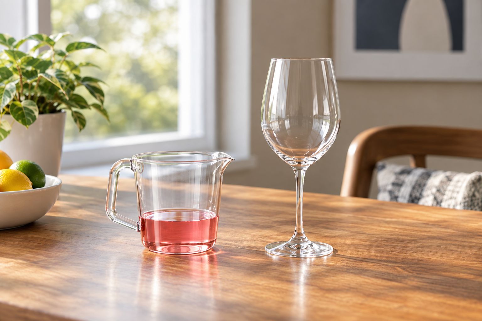 A measuring cup of pink beverage beside an empty stemmed glass
