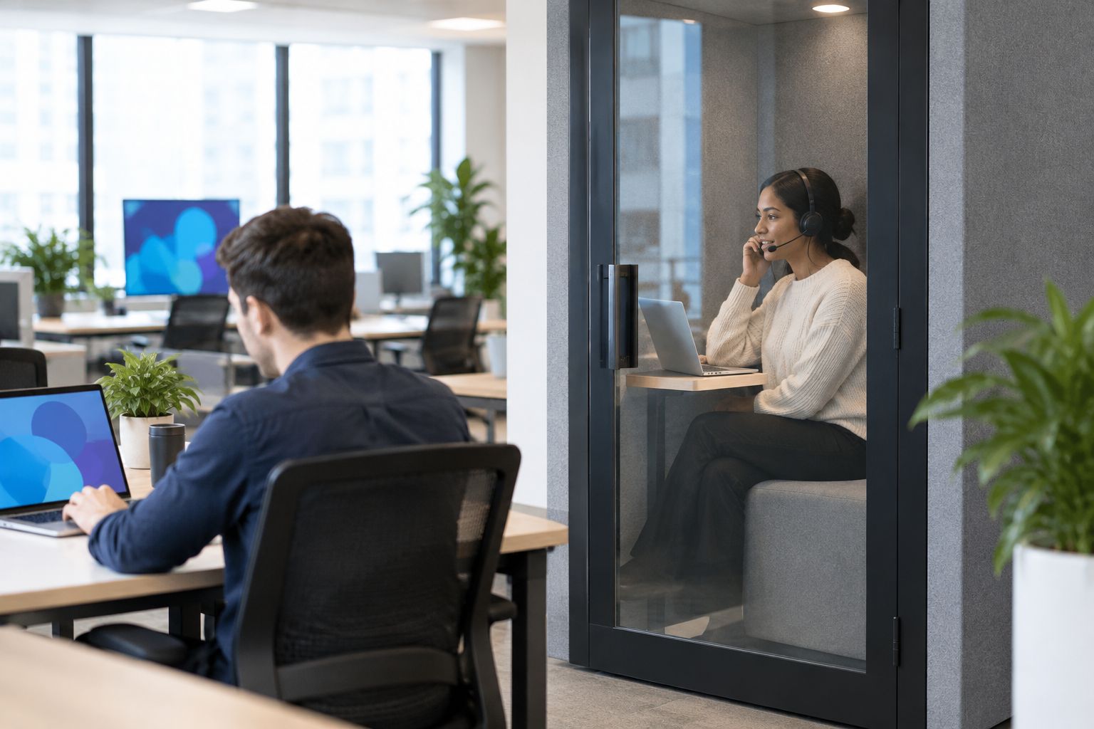 A caller inside an enclosed office space with a colleague at a nearby desk outside