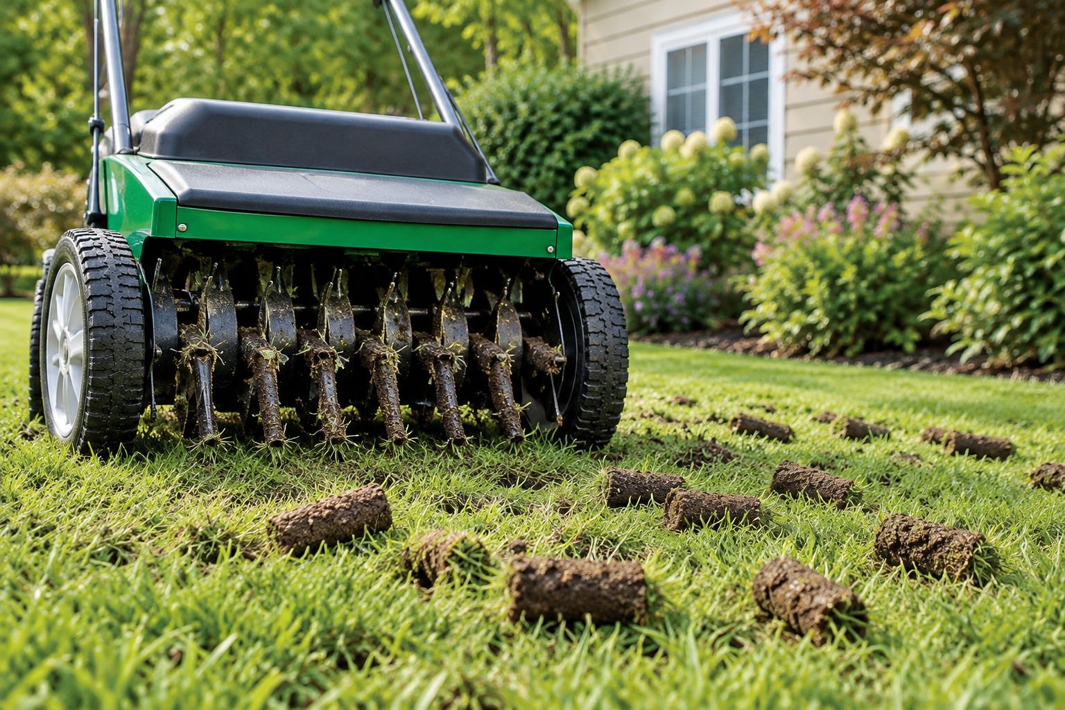 Fresh soil plugs on a lawn after hollow-tine core aeration