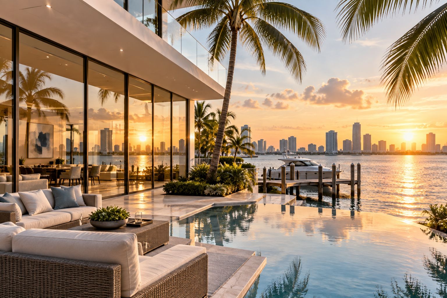Waterfront Miami luxury home with impact windows and a private dock