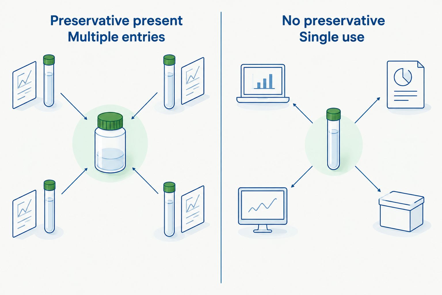 Two columns compare preservative content and container handling for the water types
