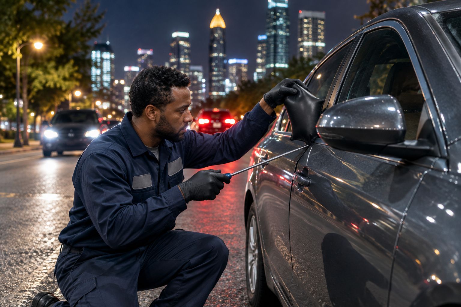 Roadside technician using non-destructive tools to unlock a car door at night