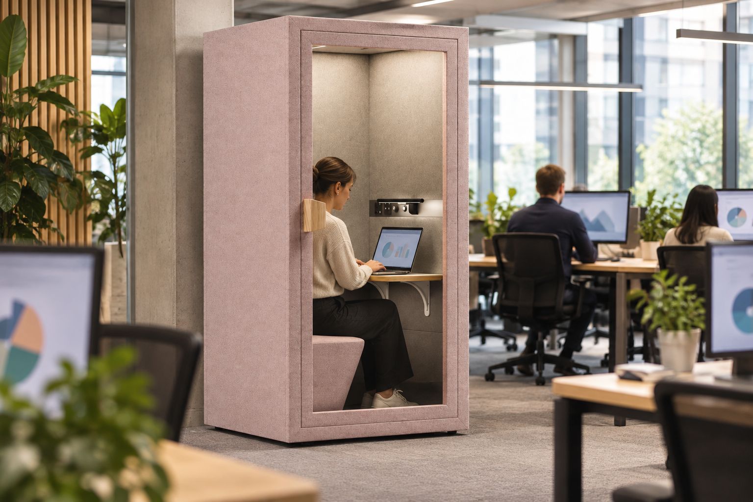An individual using an enclosed booth away from desks in a shared office