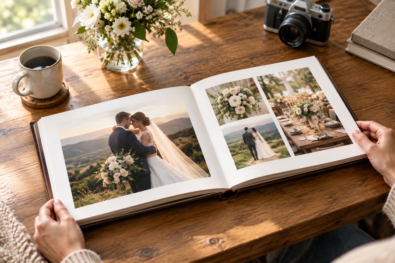 Open leather wedding photo album on a wooden table