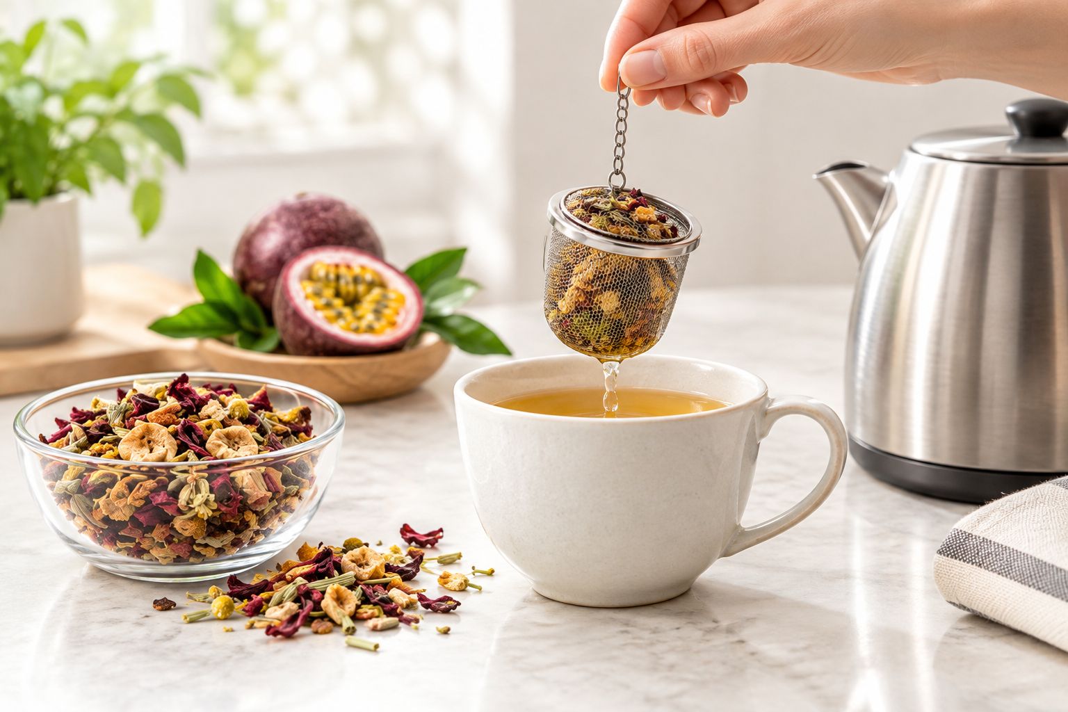 A removable tea infuser being lifted from a freshly brewed cup