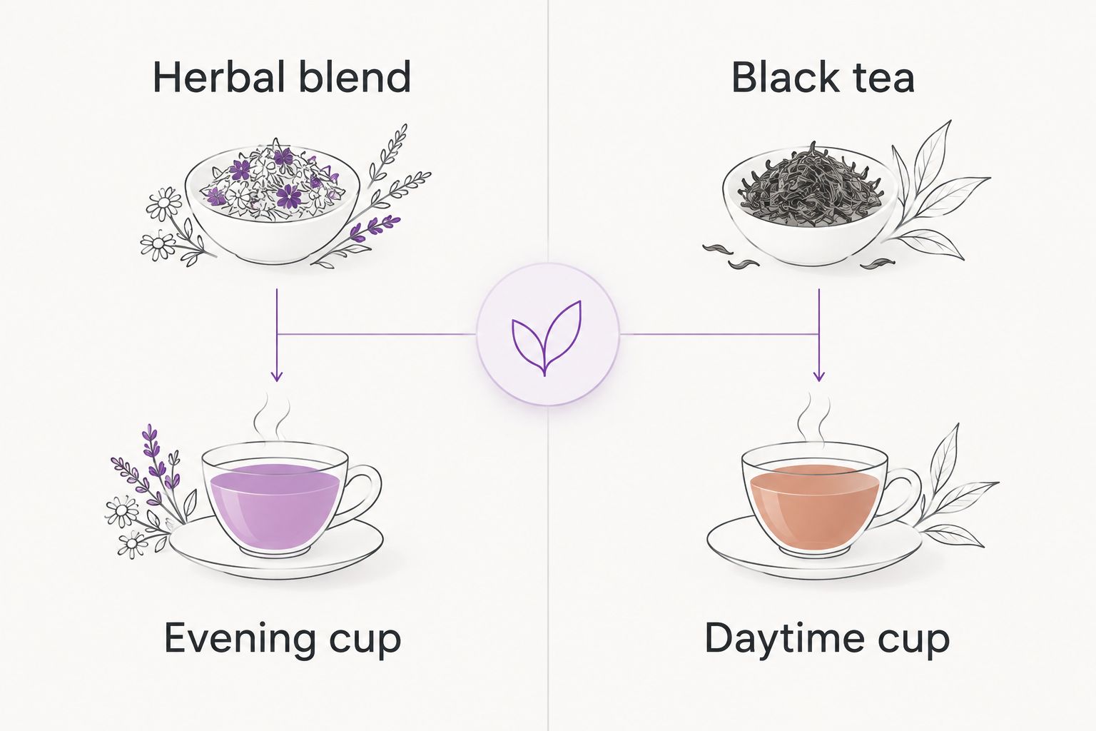 Two tea choices: an herbal blend for evening and black tea for daytime