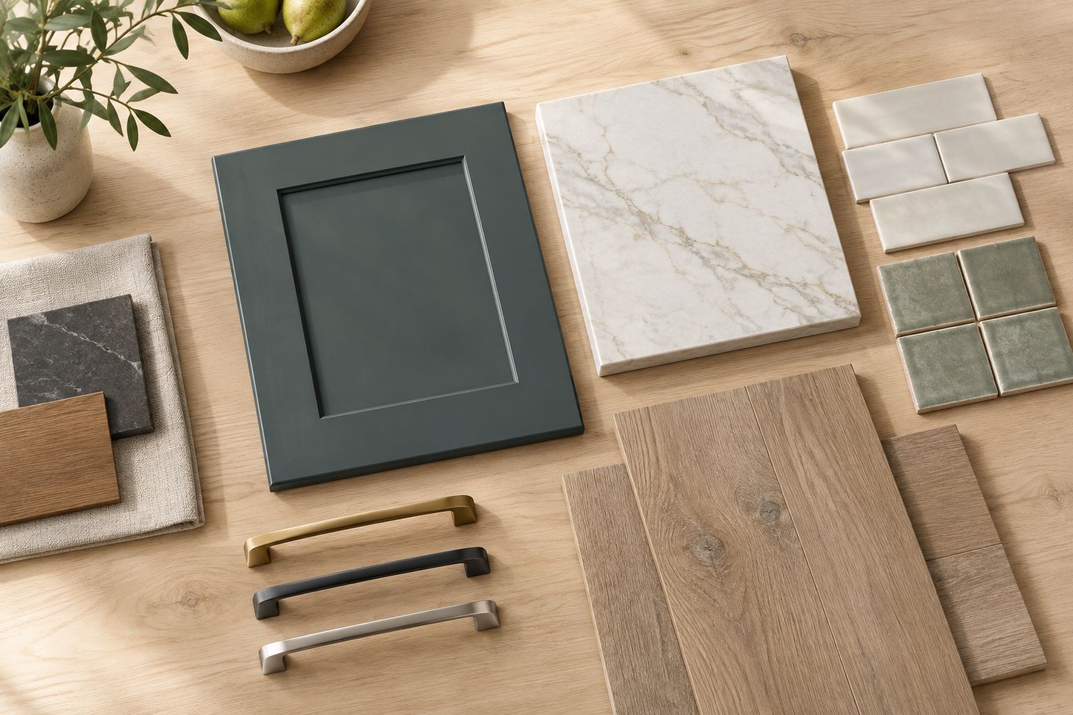 Cabinet door, countertop, flooring, tile, and handle samples arranged together for comparison.