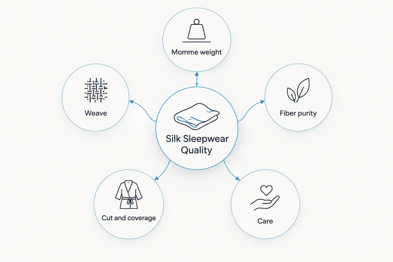 Five criteria orbiting a central silk sleepwear quality hub