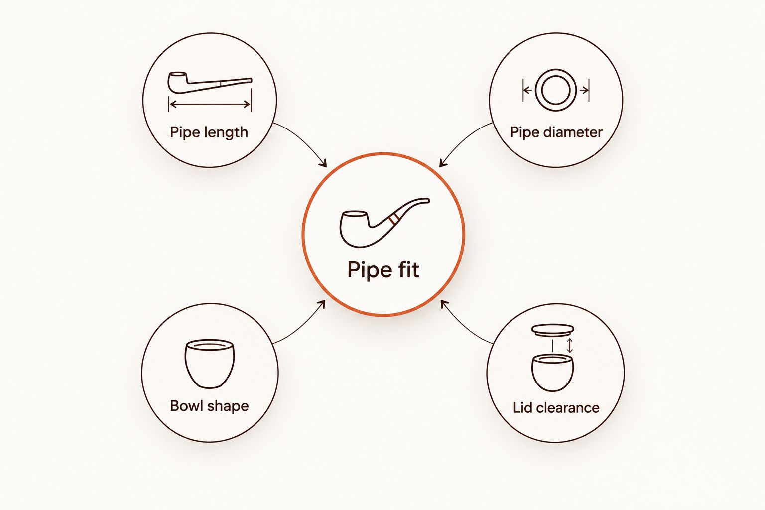 Pipe fit diagram showing length, diameter, bowl shape, and lid clearance