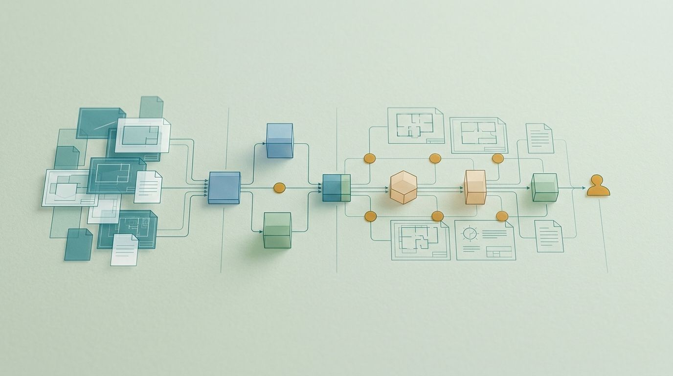 Abstract construction document workflow showing source files, routing, and human approval