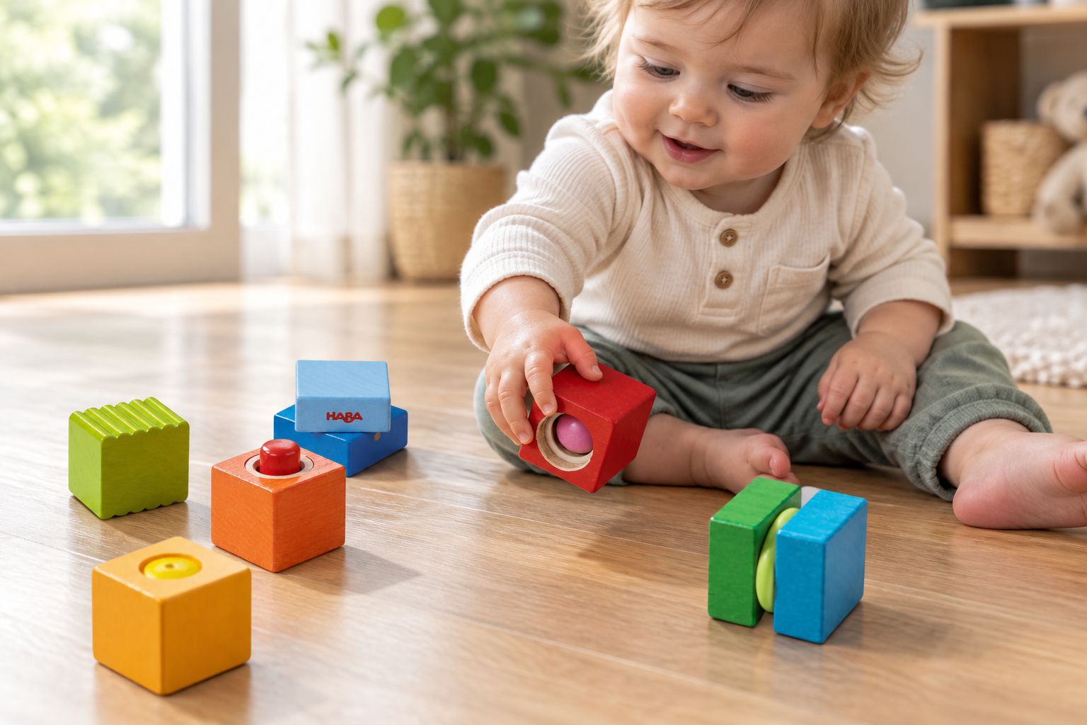 Baby playing with Fun with Sounds Discovery Blocks on the floor