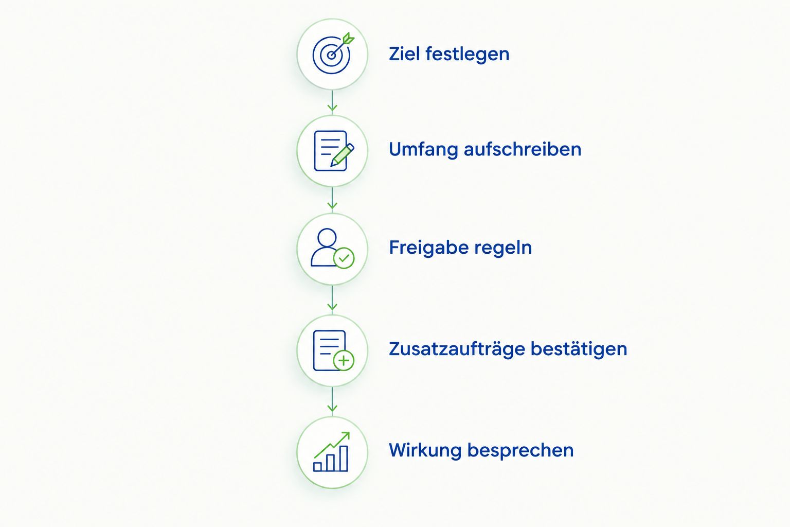Fünf Prüfschritte vom Ziel über Leistungsumfang und Freigabe bis zur Auswertung