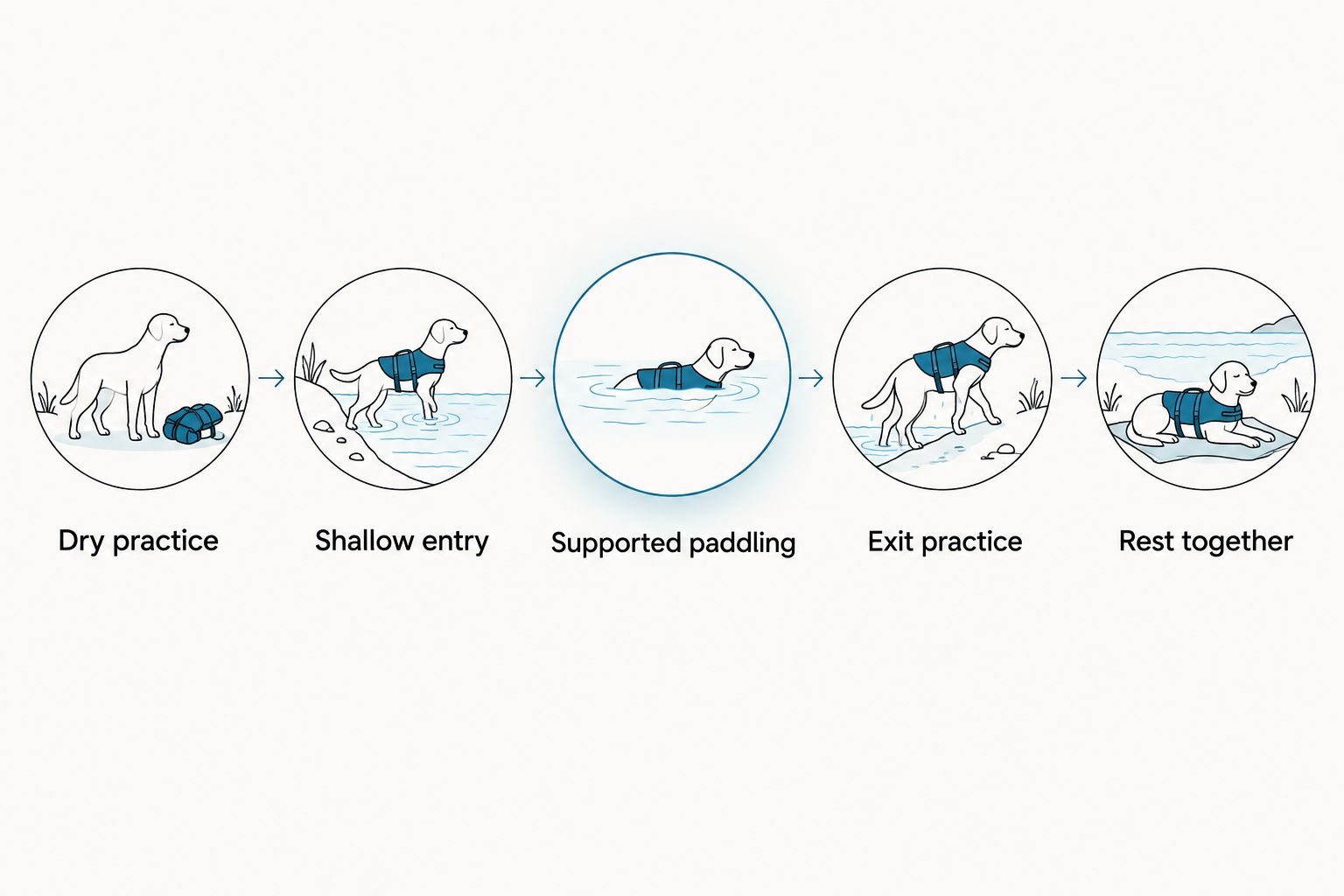 Swimming introduction sequence from dry life jacket practice through shallow entry, exit practice and rest